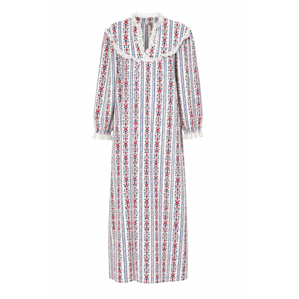 Vintage Lanz of Salzburg Tyrolean Floral Stripe Nightgown‎ Maxi Dress White M/L
